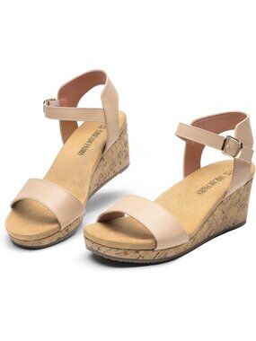 Women's Wedge Sandals Cork Cream Open Toe Ankle Strap Buckle Dressy Summer Shoes